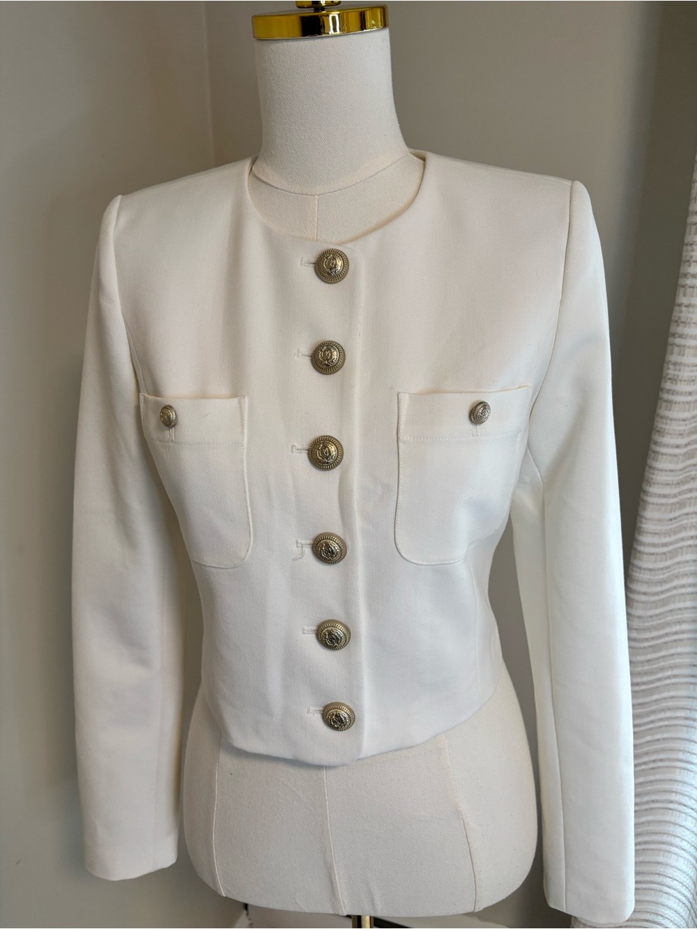 Generation Love Edelina Cropped Blazer White Gold Crest Buttons XS